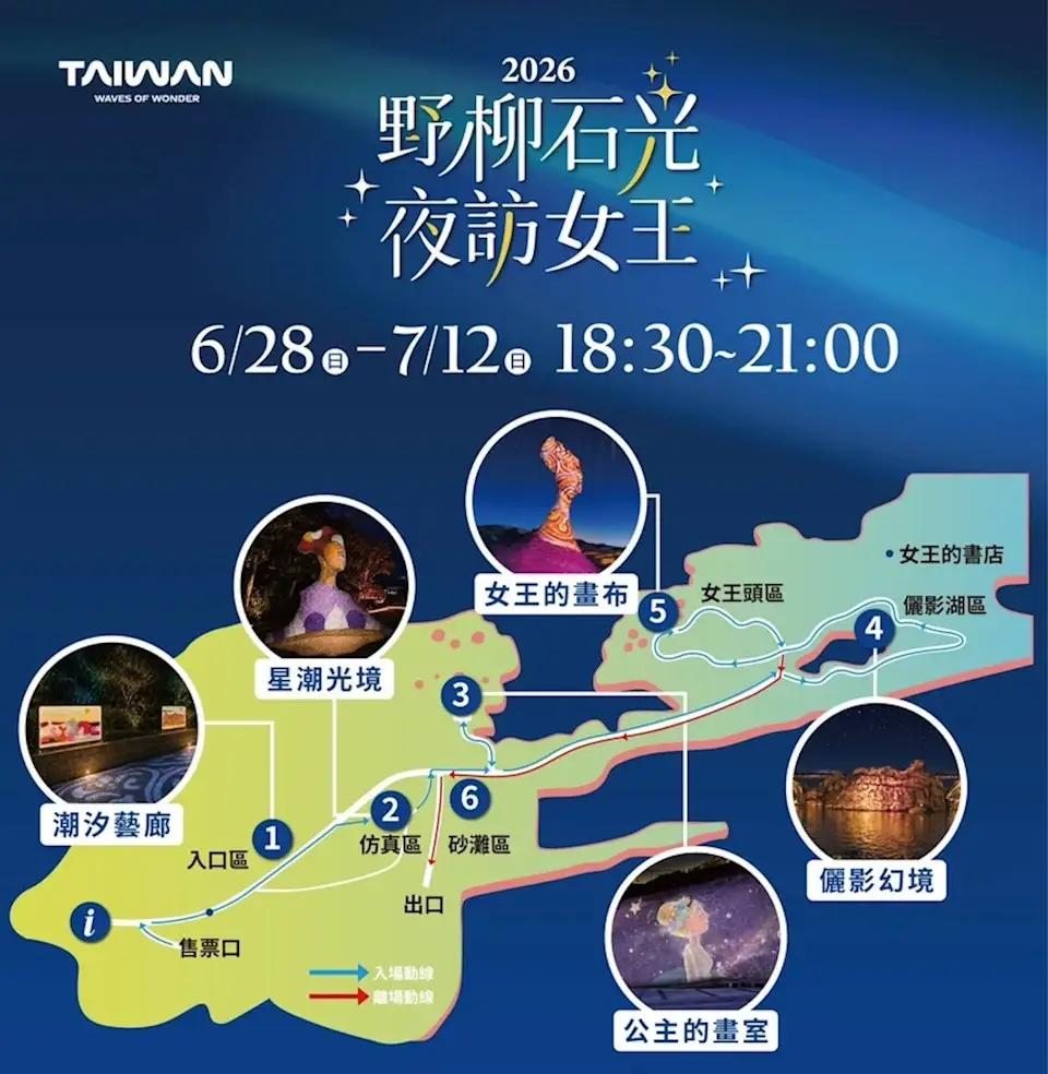 【2026最新】新北/萬里。野柳石光－夜訪女王| 「潮汐藝廊・雙后傳承」野柳地質公園~全台唯一夜間地景美術館！野柳女王頭化身光影藝術殿堂
